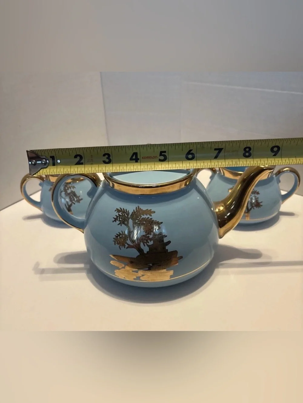 Vintage Robins' Egg Blue Gold Pagoda Scenes Gibsons Teapot England Set 4pc